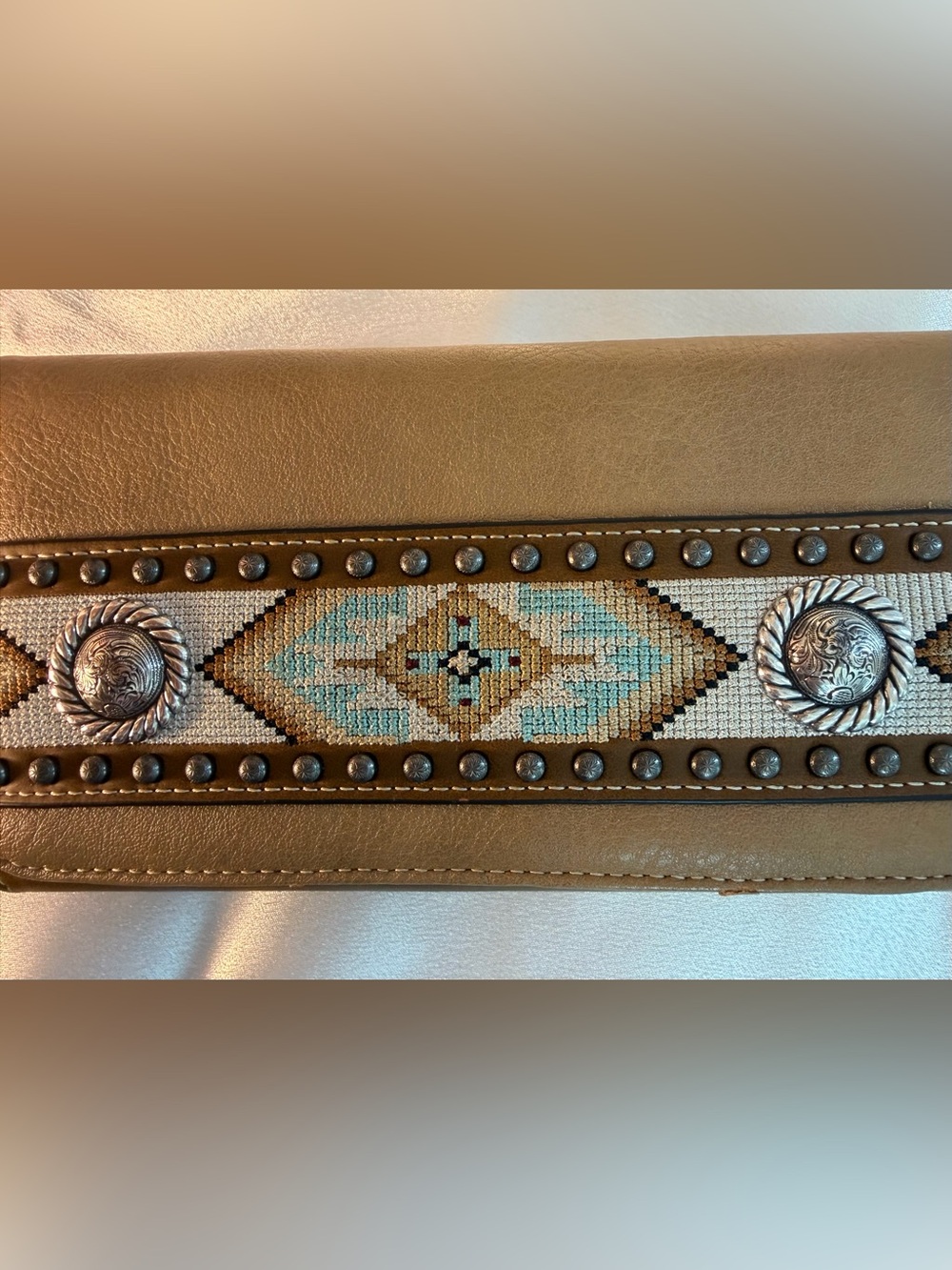 Tan Embroidered Crossbody Bag with Turquoise Accent